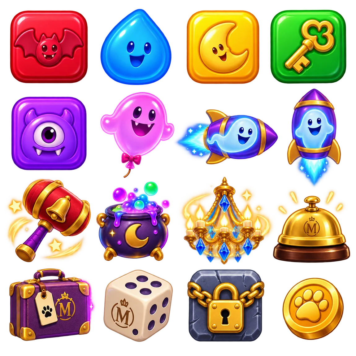 A colorful cabinet of Monster Hotel puzzle icons, boosters and rewards