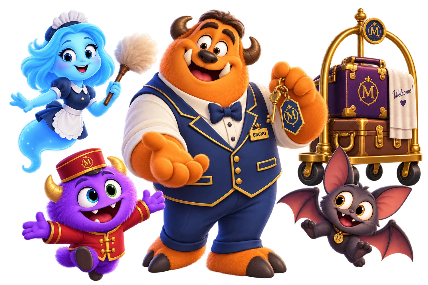 Bruno, Milo, Luna, Nib and hotel luggage from Monster Hotel