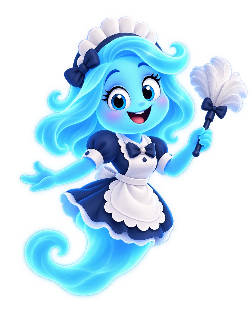 Luna, the blue floating housekeeper ghost