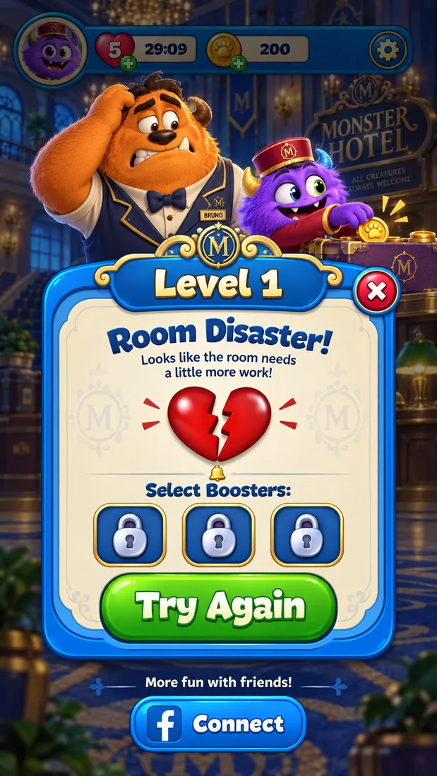 Monster Hotel level failure screen