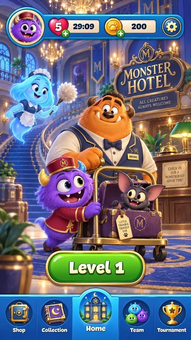 Monster Hotel home screen inside the magical lobby